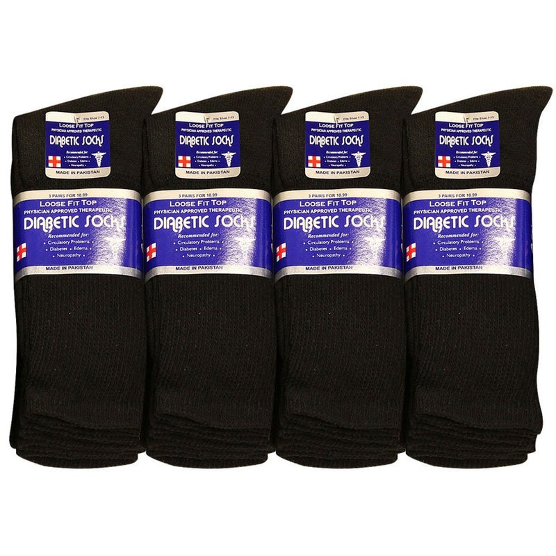 Falari Physicians Approved Diabetic Socks For Men Women Non-Binding Loose Top Wide Crew Length (12-Pack, Black, 10-13) - Image 1